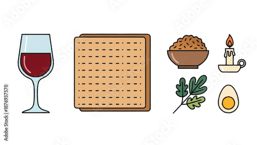 Wine glass, matzah, bitter herbs, candle, egg on seder plate red wine