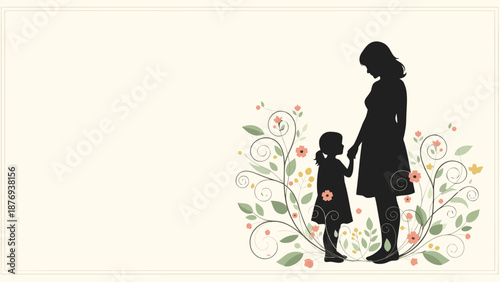 Mother's Day silhouette shows mother and child holding hands, surrounded by floral designs and foliage. Mother's Day graphic captures family bond, nurturing spirit, ideal for greeting cards.