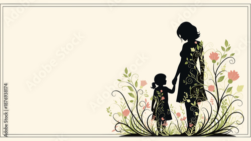 Mother's Day illustration portrays floral decorated mother and child silhouettes holding hands, symbolizing nurturing bond.