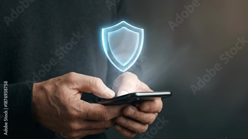 Secure mobile phone glowing shield hologram protecting data and security hands for mobile