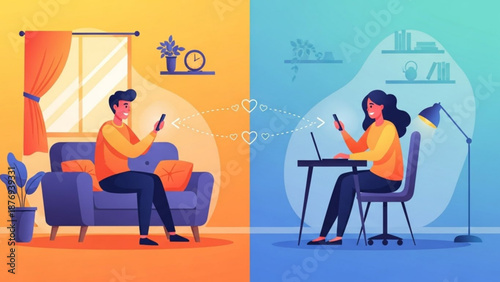 Young couple communicating via phone while sitting at home together for valentine's day  