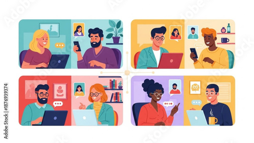 Diverse group of people engaging in video calls on computers Concept of valentine's day  