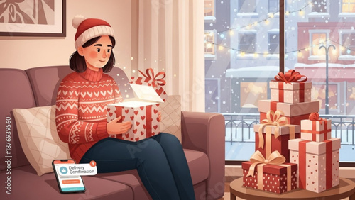 Young woman sitting on sofa unwrapping Christmas gift by window  