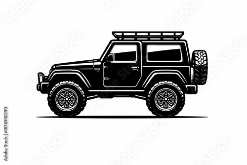 Black Jeep Wrangler with roof rack and large tires