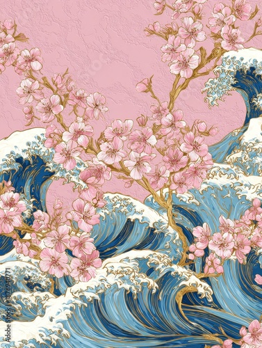 Cherry blossoms with waves in traditional Japanese style on pink background  