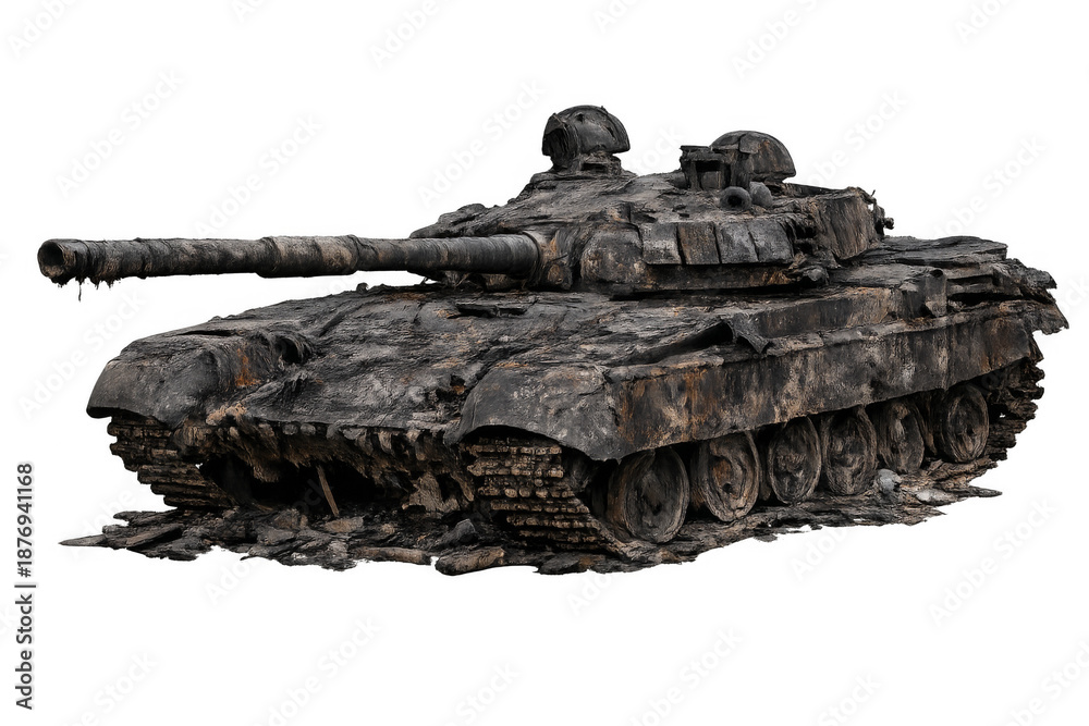 Naklejka premium Burnt destroyed armored tank reflecting war aftermath