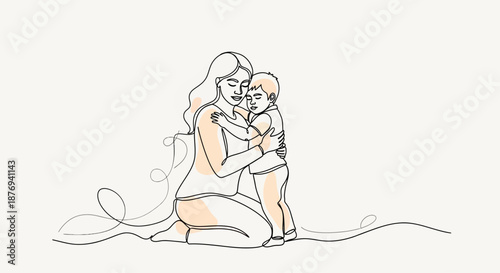 Mother Holding Baby in Simple Line Art.
