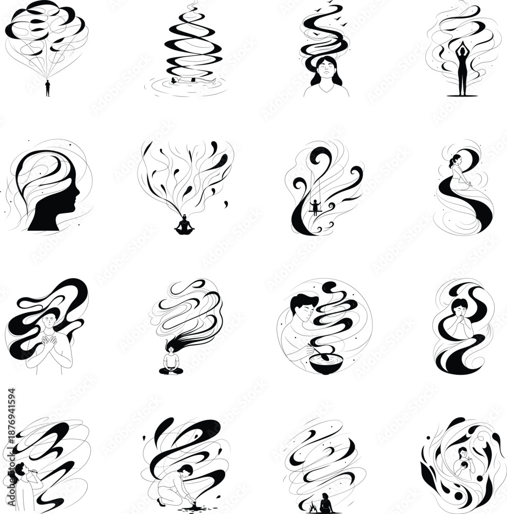 Obraz premium Set of Calmness Doodle Style Illustrations 