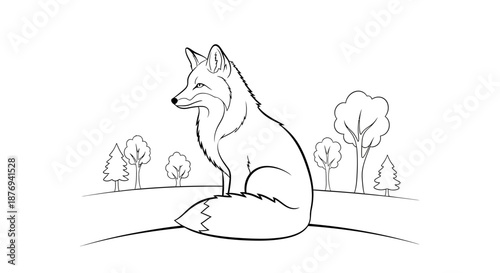 Sitting Fox Illustration Simple Line Art.