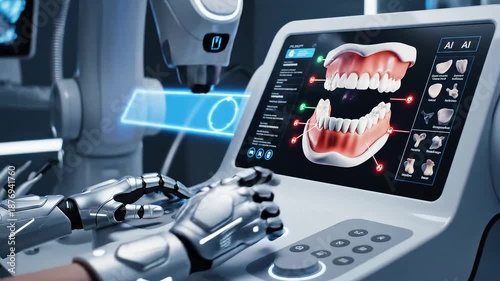 Robotic and gloved hands operating AI-powered digital dental care