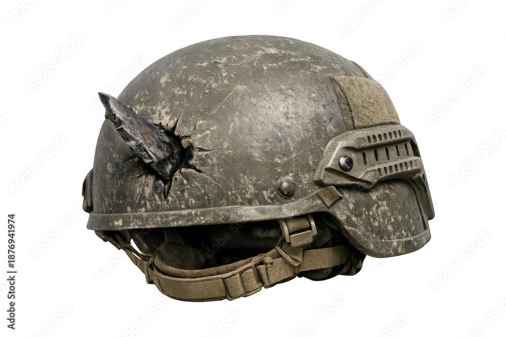 Fototapeta premium Military helmet with shrapnel impact showing war damage