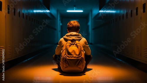Young boy with backpack sitting alone in school hallway, symbolizing loneliness and bullying, for educational concept footage