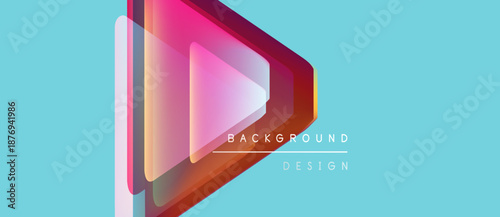 Abstract geometric shapes overlap, creating vibrant color gradients. Turquoise background complements layered triangle design. Modern, minimalist aesthetic.