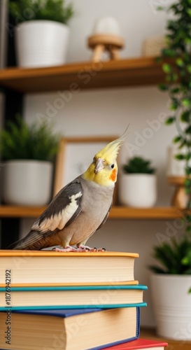 Authentic Home Portrait of a Curious Cockatiel on a Stack of Books.