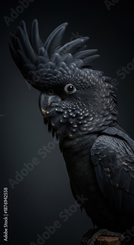High Contrast Studio Portrait of a Dramatic Black Cockatoo in Stark Profile.