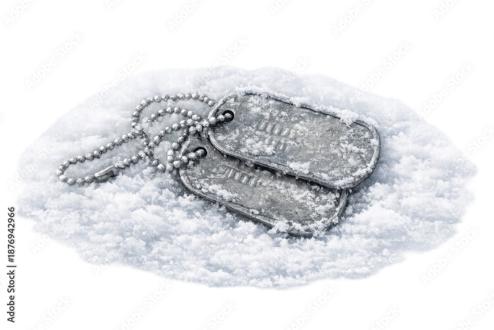 Fototapeta premium Military dog tags resting on snow remembering sacrifice