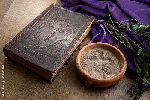 Tablou pe pânză Ash wednesday symbols with bible, ashes, and palm branches