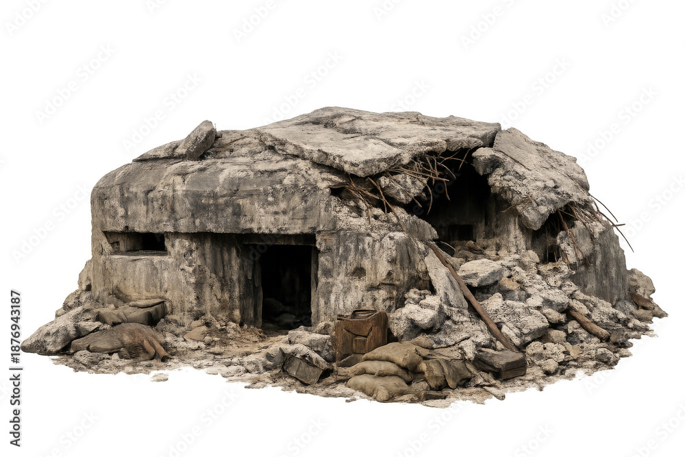 Naklejka premium Destructed concrete bunker ruin from world war 2 on transparent background