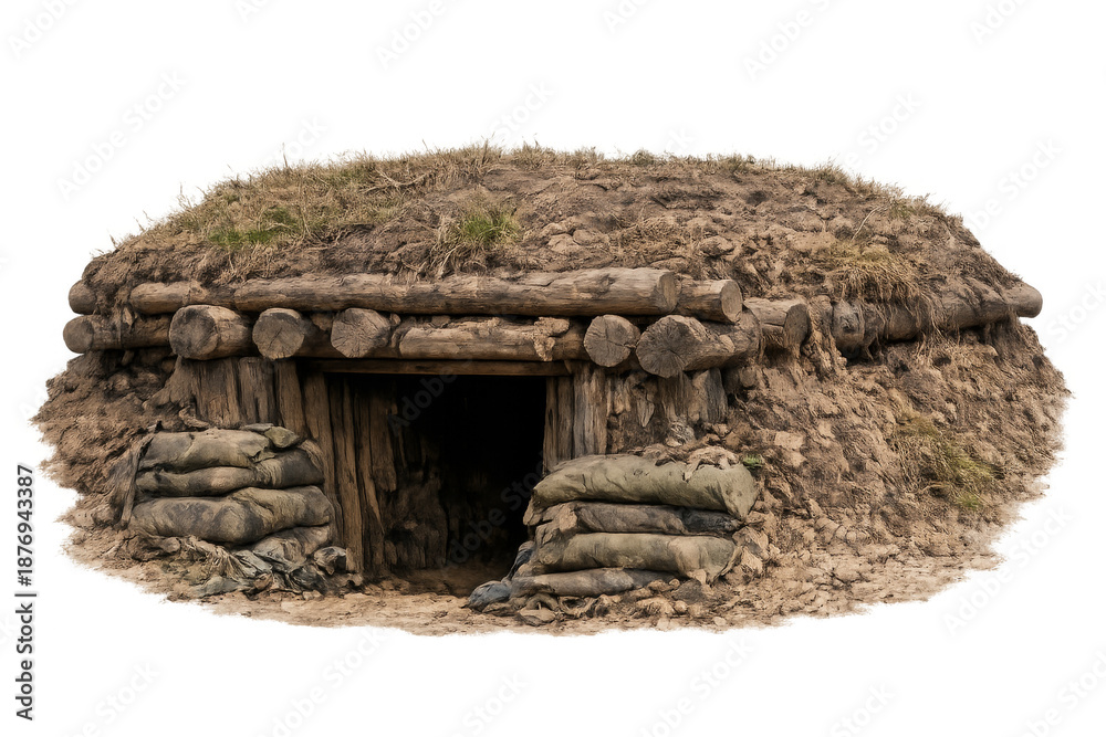 Fototapeta premium Military dugout shelter protecting from danger with sandbags