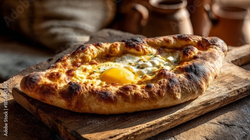 Wallpaper Mural A pizza with an egg on top sits on a wooden table. The pizza is brown and has a crispy crust. The egg is placed in the center of the pizza, and it looks delicious. Concept of comfort and warmth Torontodigital.ca