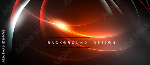 Abstract design features glowing curves, dark background. Orange, red hues dominate composition. Modern aesthetic, dynamic energy present.