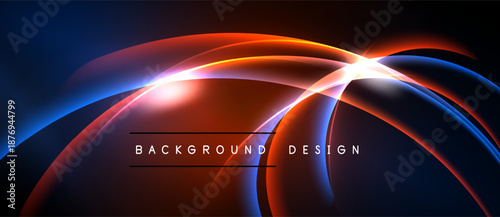 Abstract design features vibrant curves, red, blue hues. Light flares create dynamic energy, modern aesthetic. Background suggests technology, innovation.