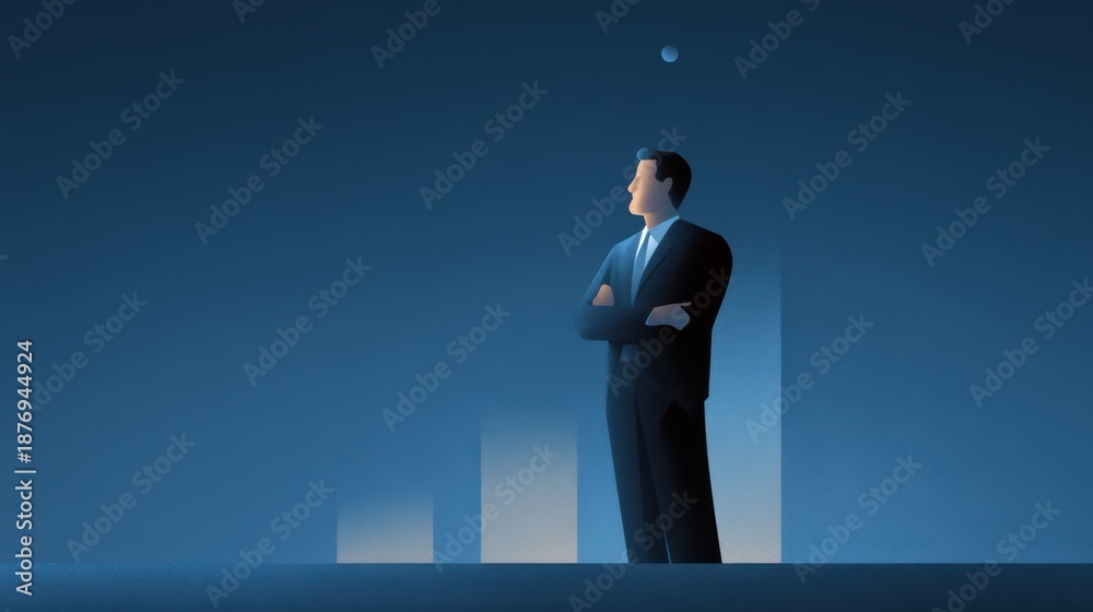 Fototapeta premium Businessman Standing Confidently with Bar Graphs and Moon in Dark Blue Background Representing Growth, Success, and Ambition in a Professional Setting
