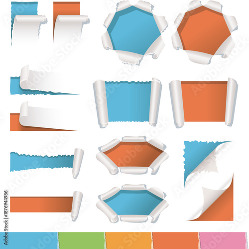 Colorful torn paper sticky notes and tape frames set, memo labels and banners isolated on white 