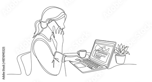 Woman Working on Laptop with Coffee.