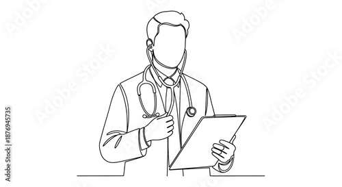 Doctor holding clipboard and stethoscope illustration.