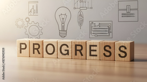 Wooden blocks spelling “PROGRESS”, simple technology advancement concept,