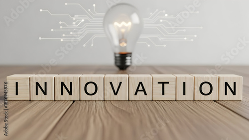 Wooden blocks spelling “INNOVATION”, simple technology innovation concept