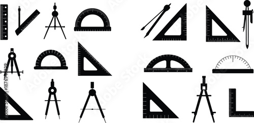 Black silhouette icons of drafting and geometry tools including compasses, rulers, protractors, and set squares for educational and technical drawing illustration