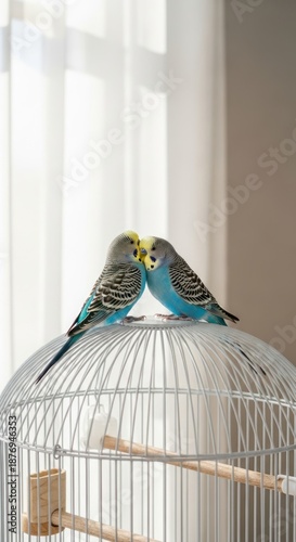Vibrant Portrait of Two Joyful Budgies Nuzzling in a Sunny Apartment Corner.