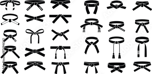 Martial arts black belt variations in grid layout showcasing diverse knot styles, ranks, and traditions for combat discipline illustration and reference
