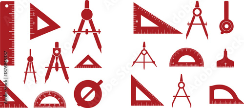 Geometry and drafting tools silhouettes set including compass, ruler, protractor and triangle, technical drawing instruments icons illustration isolated on white background