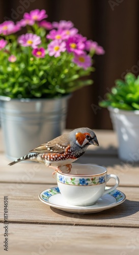  Whimsical Portrait of a Tiny Finch Perched on a Miniature Teacup in a Garden.