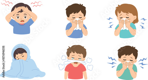 Sick children symptoms illustration set showing cold, flu and fever signs, coughing sneezing headache and chills, cute medical health concept isolated on white