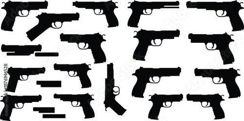 Black handgun silhouettes in grid layout showcasing firearm model diversity, ideal for weapon identification, classification, and design comparison in visual reference illustration
