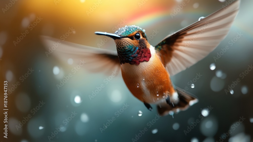 Fototapeta premium A vibrant hummingbird caught in mid-flight amidst gentle raindrops, showcasing its colorful feathers and resilience, embodying the beauty and fragility of nature in a lively setting.