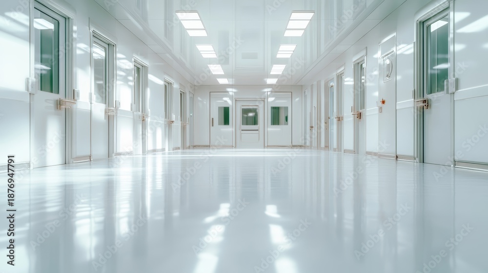 custom made wallpaper toronto digitalA pristine corridor in a modern hospital setting, showcasing clean lines and bright lighting that creates a calm atmosphere conducive to health and care.