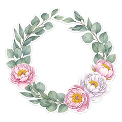 Elegant hand-painted watercolor botanical wreath border meticulously designed with blooming soft pink peonies and silvery eucalyptus leaves achieving a sophisticated high-quality artistic appearance s