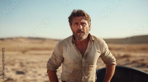 A portrait of a rugged man standing in a vast dry desert landscape during sunset, illustrating the themes of resilience, endurance, and the human spirit in challenging environments.