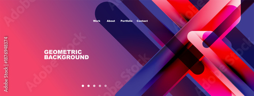 Abstract geometric design. Vibrant purple, pink hues dominate. Navigation menu present. Minimalist style, modern aesthetic.