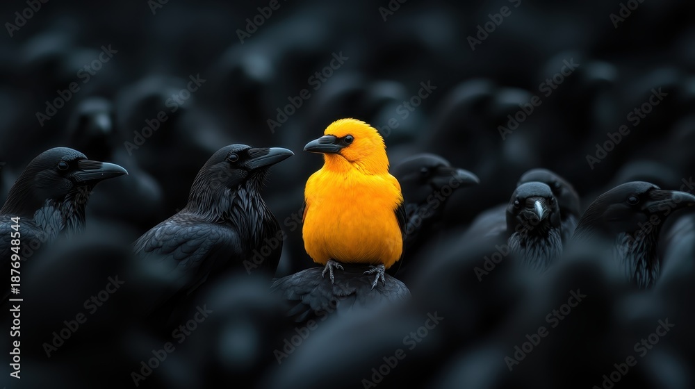 Obraz premium In a striking contrast, a vibrant yellow bird stands boldly amidst a crowd of black ravens, symbolizing individuality and distinctiveness against a uniform backdrop of darkness.