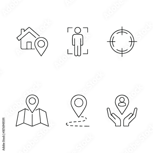 Digital Mapping Icons: A collection of sleek, modern digital icons, ideal for use in technology-related projects, including navigation, security, and location-based services.