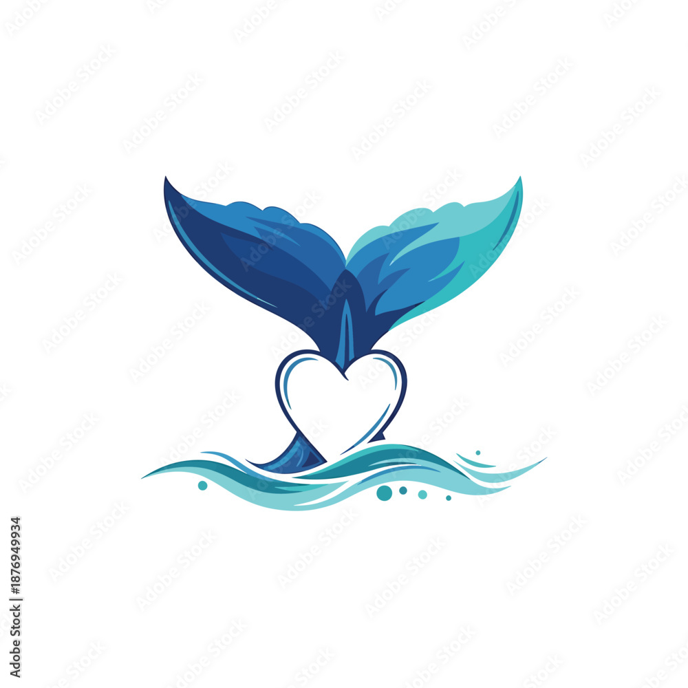 Obraz premium Graceful blue whale tail forms a heart above stylized ocean waves. A vibrant symbol of marine love, ocean conservation, and eco-friendly branding