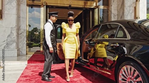 Chauffeur opens luxury car door for woman exiting hotel with red carpet