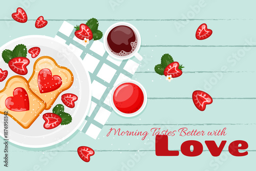 Vibrant poster with tosts,jam,strawberry and coffee on blue wooden table. Lovely banner with food.Decorations for backery, cafe, restaurant.Flat cartoon style.Delicious breakfast or lunch.Vector illus