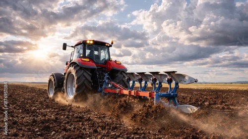 Tractor with a plow ploughing field.
